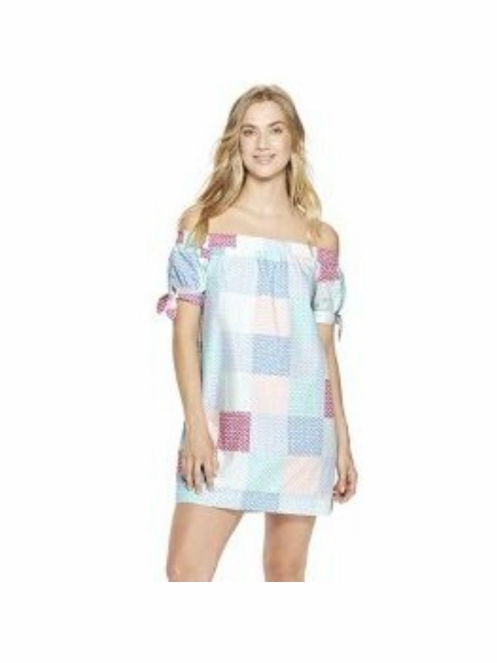 Vineyard Vines Pastel Patchwork Off-Shoulder Mini Dress - Light Blue, Pink, Mint